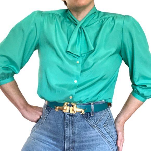 Vintage Turquoise Green PussyBow Blouse Chaus - Picture 7 of 16